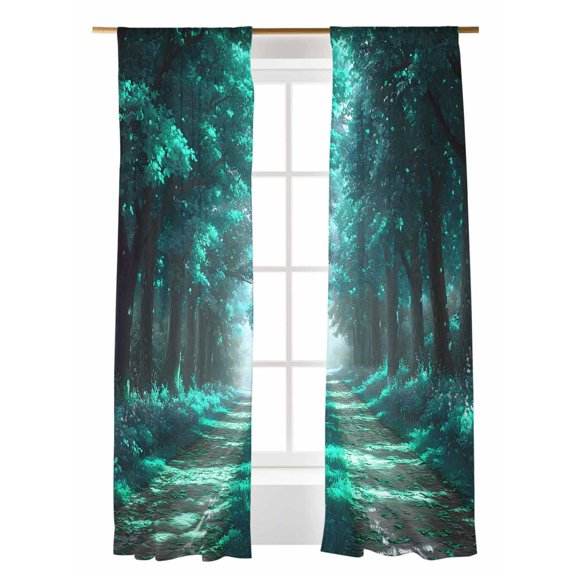 Teal Forest Sheer Curtains 108 Inch Long 2 Panels, Countryside Woods Modern Art Fantasy Light Filtering Rod Pocket Semi Sheer Curtains, Sheer Voile Drapes for Living Room Bedroom, 52"x108"