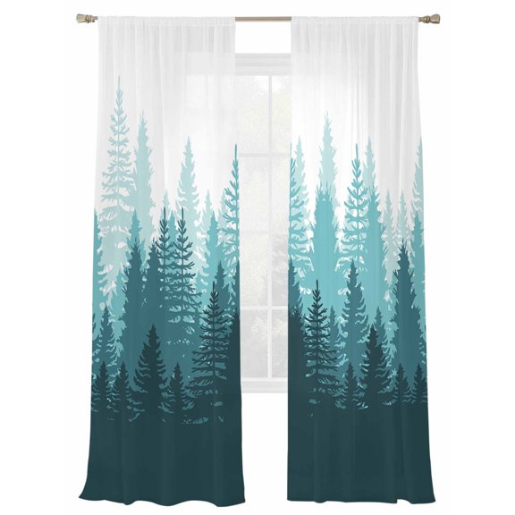 Teal Forest Sheer Curtains 108 inches Long, Nature Woodland Tree Misty Forest Silhouette Landscape Light Filtering Sheer Window Curtains Rod Pocket Voile Drapes for Bedroom Living Room, 2 Panels