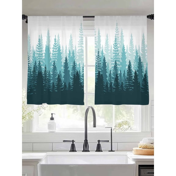 Teal Forest Sheer Curtains 45 inches Long 2 Panels Set Nature Woodland Tree Misty Forest Silhouette Landscape Tiers Sheers Rod Pocket Small Window Short Curtains for Kitchen Cafe, Each 52" W x 45" L