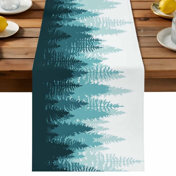 Teal Forest Table Runner, Nature Woodland Tree Misty Forest Silhouette Landscape Cotton Linen Table Cloth, Tablerunner for Kitchen Dining Party Wedding Home Decor 13x108 Inch