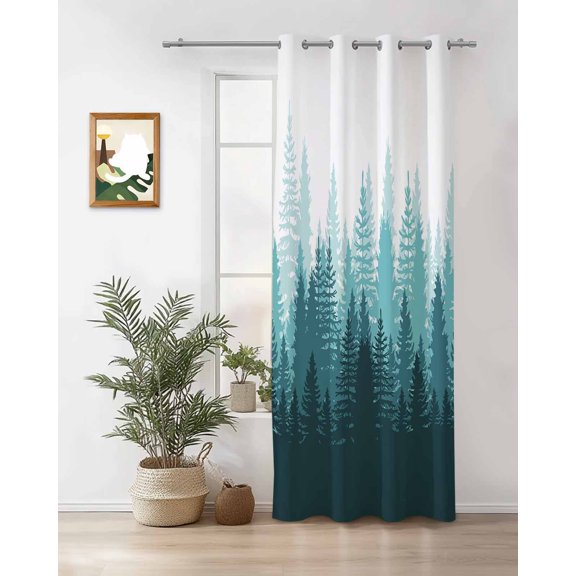 Teal Forest Thermal Insulated Blackout Curtains for Bedroom 24 Length Nature Woodland Tree Misty Forest Silhouette Landscape Room Darkening Curtain 1 Panel Grommet Window Drape for Living Room