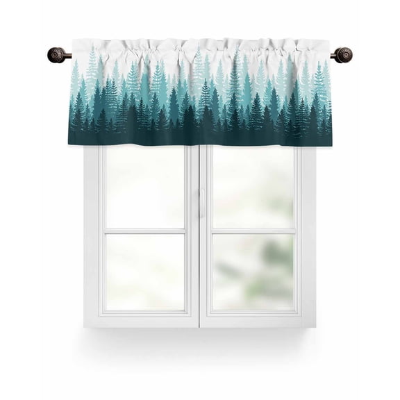 Teal Forest Valances for Windows Nature Woodland Tree Misty Forest Silhouette Landscape Valance Rod Pocket Short Window Treatments Curtains for Kitchen Bathroom Living Room Bedroom, 54 x 18 Inch