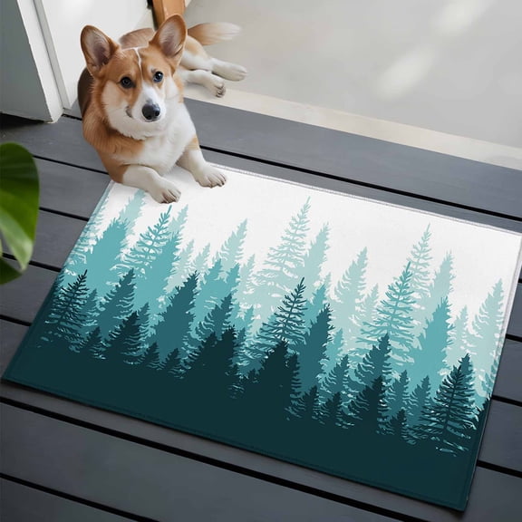Teal Forest Washable Area Rug 2x3 Nature Woodland Tree Misty Forest Silhouette Landscape Low-Profile Area Rugs with Non Slip Backing Indoor Floor Carpet for Entrance Living Room Bedroom Home Office