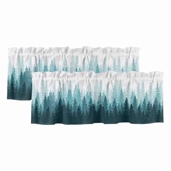 Teal Forest Window Valance, Nature Woodland Tree Misty Forest Silhouette Landscape 2 Pack Decorative Curtain for Small Windows, Light Filtering Valance with 3” Rod Pocket, 60"W x 18"L