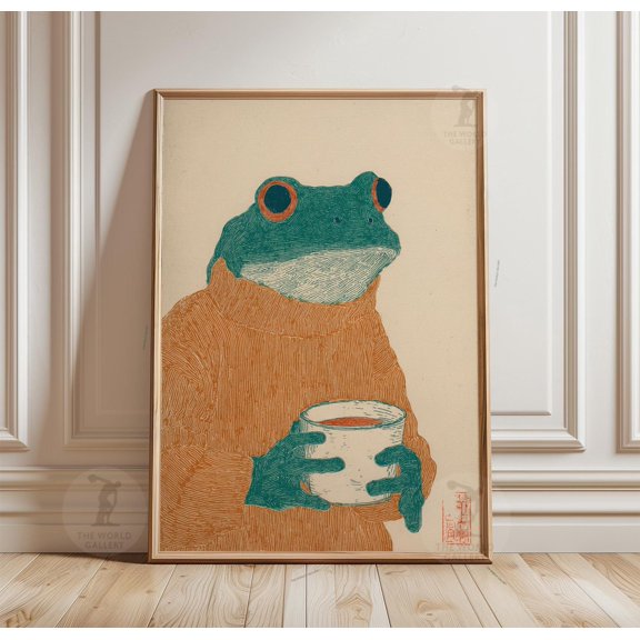 Teal Frog With Coffee Poster Print Mustard TShirt Illustration Art Cozy Wall Decor