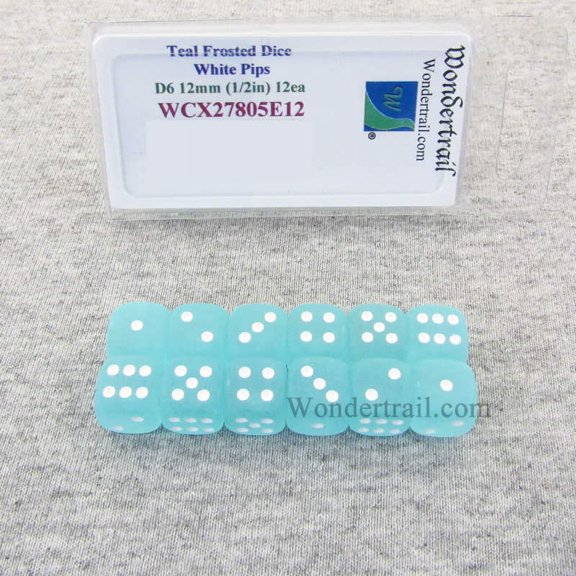Teal Frosted Dice with White Pips 12mm (1/2in) D6 Set of 12 Wondertrail