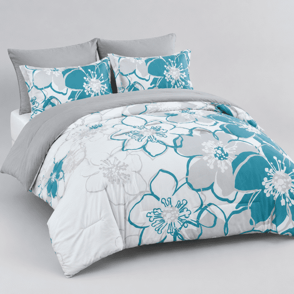 Teal Full Size 7-Piece Floral Comforter Set, Soft Microfiber Bed-in-a ...