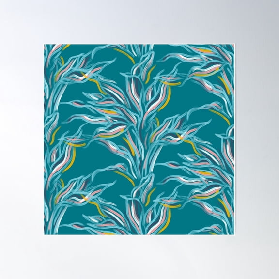 Teal Funky Leaves Poster Wall Art, Modern Wall Decor For Living Room Bedroom, 24x24 UNFRAMED