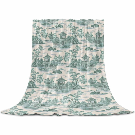 Teal Garden Flannel Blanket for Bed, Modern Art Building Trees Rock Landscape Soft Cozy Warm Couch Throw Blanket, Lightweight Fluffy Plush Bedding Blankets for Sofa Decor All Season 50"x60"