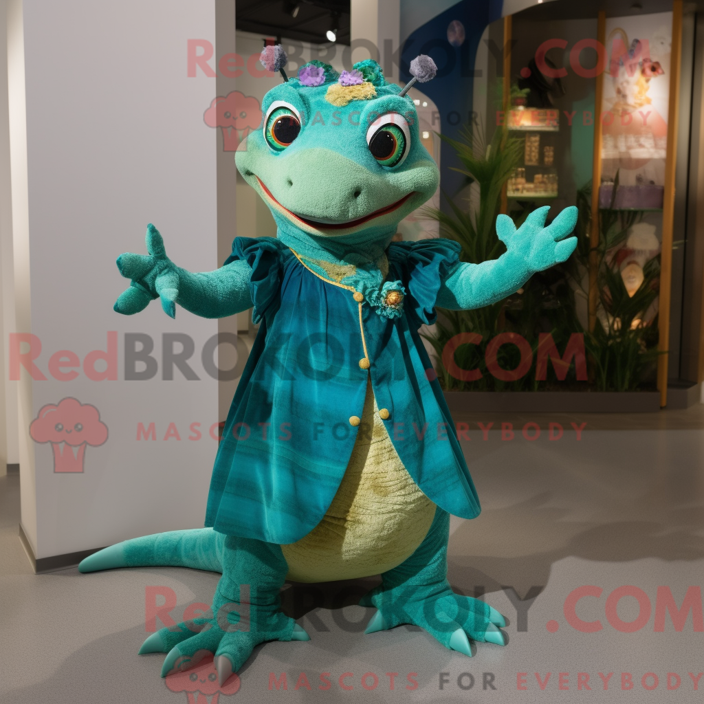 Teal Geckos REDBROKOLY mascot costume character dressed with a A-Line ...