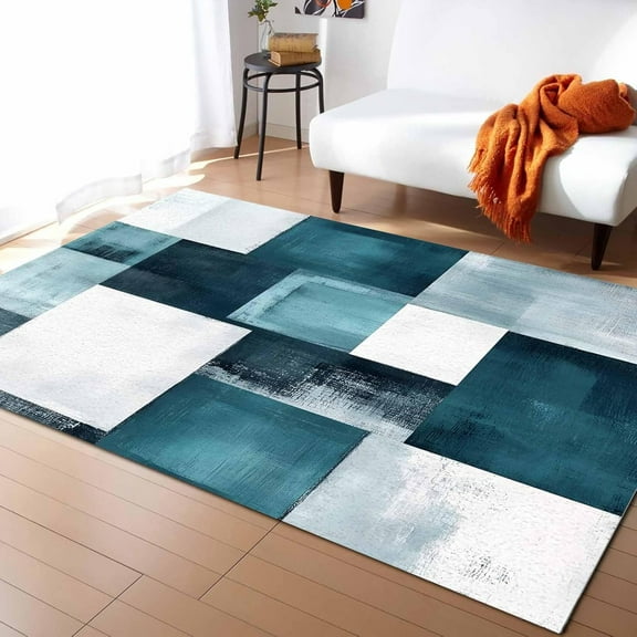 Teal Geometric Area Rugs Indoor Non-Slip Washable Rug 2x3ft Small, Abstract Plaid Modern Teal White Color Block Rubber Backing Floor Mats Contemporary Home Decor Carpet for Entryway Living Room