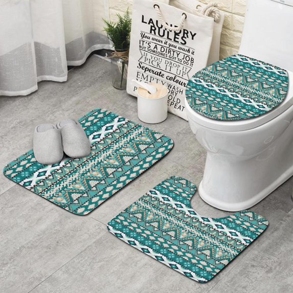 Teal Geometric Boho Pattern Bathroom Rugs Sets 3 Piece,Toilet Cover Set,Absorbent Non Slip Bathroom Mats Sets with U-Shaped Contour Rug Toilet Rug Set