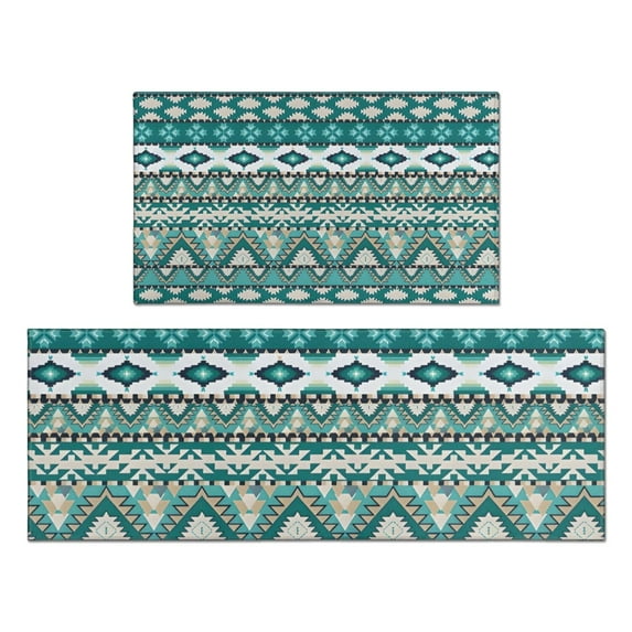 Teal Geometric Boho Pattern Kitchen Rugs Sets Of 2,Anti Fatigue Kitchen Mat Rugs Non Slip Washable,Decorative Kitchen Floor Mats for Kitchen,Sink,Laundry,17"x30"+17"x47"