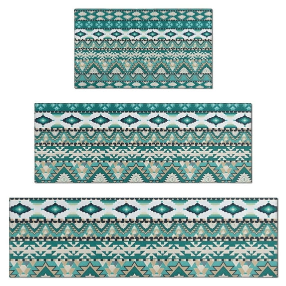 Teal Geometric Boho Pattern Kitchen Rugs Sets Of 3,Kitchen Runner Rugs Non Skid Washable,Decorative Kitchen Floor Mats for Kitchen,Sink,Laundry,17"x30"+ 17"x47" + 17"x59"