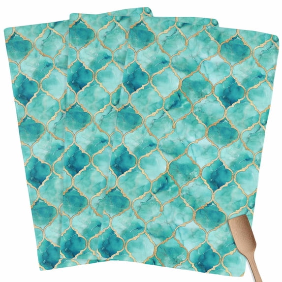 Teal Geometric Kitchen Towel Dish Cloths Set of 3, Microfiber Soft Kitchen Hand Towels, Modern Morocco Abstract Art Absorbent Quick Drying Dishcloths 18 x 28 Inches