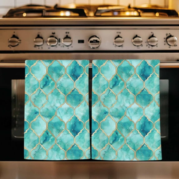 Teal Geometric Kitchen Towels Set of 1, Modern Morocco Abstract Art Absorbent Dish Towels for Kitchen, Microfiber Hand Towel, Quick Drying Tea Towel for Cleaning Decorative Dishcloths