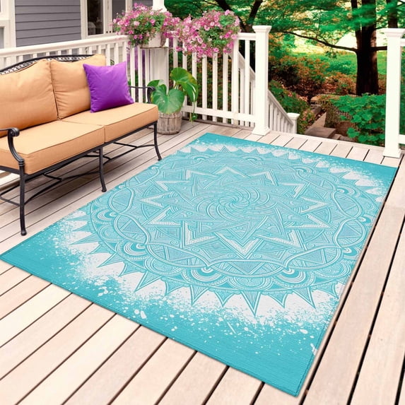 Teal Geometric Outdoor Rug for Patio/Deck/Porch, Non-Slip Large Area Rug 3 x 5 Ft, Modern Boho Ethnic Minimalist Abstract Indoor Outdoor Rugs Washable Area Rugs, Reversible Camping Rug Carpet Runner