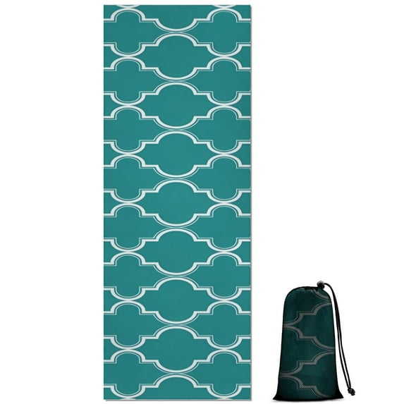 Teal Geometric Quatrefoil Pattern Hot Yoga Mat Towel Non Slip for Hot Yoga - Quick-Drying Yoga Mat Cover with 4 Corner Pockets with Travel Bag - Hot Yoga Towel Non Slip 70"x26"