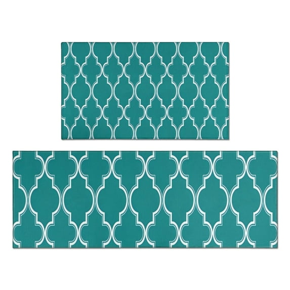 Teal Geometric Quatrefoil Pattern Kitchen Rugs Sets Of 2,Anti Fatigue Kitchen Mat Rugs Non Slip Washable,Decorative Kitchen Floor Mats for Kitchen,Sink,Laundry,17"x30"+17"x47"