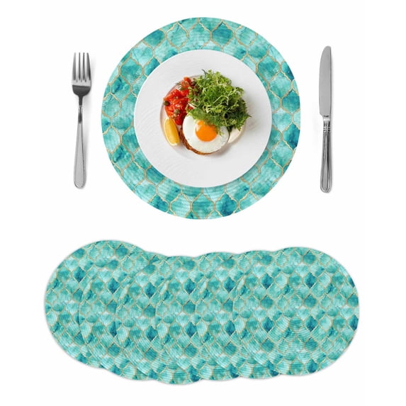 Teal Geometric Round 13 Inch Placemats Set of 6, Modern Morocco Abstract Art HeatResistant Non Slip Place Mats for Dining Table, Wipeable Braided Kitchen Table Mats for Housewarming