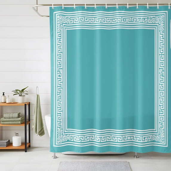 Teal Geometric Shower Curtains for Bathroom, White Greek Key Design Abstract Modern Art Waterproof Fabric Shower Curtain, Decorative Bathroom Curtain for Bathtub, 72"x78" , No Hooks Included