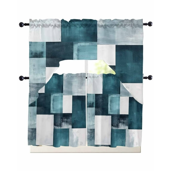 Teal Geometric Swag Curtains for Living Room/Bedroom Windows, Vintage Oil Painting Contemporary Kitchen Curtains and Valances Set 36 Inch Length, Light Filtering Swags Valance Curtain Panels