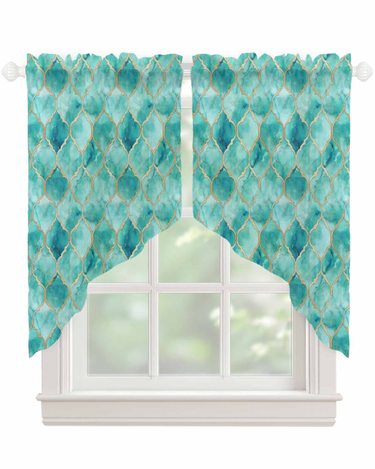 Teal Geometric Swag Valances for Windows, Modern Morocco Abstract Art