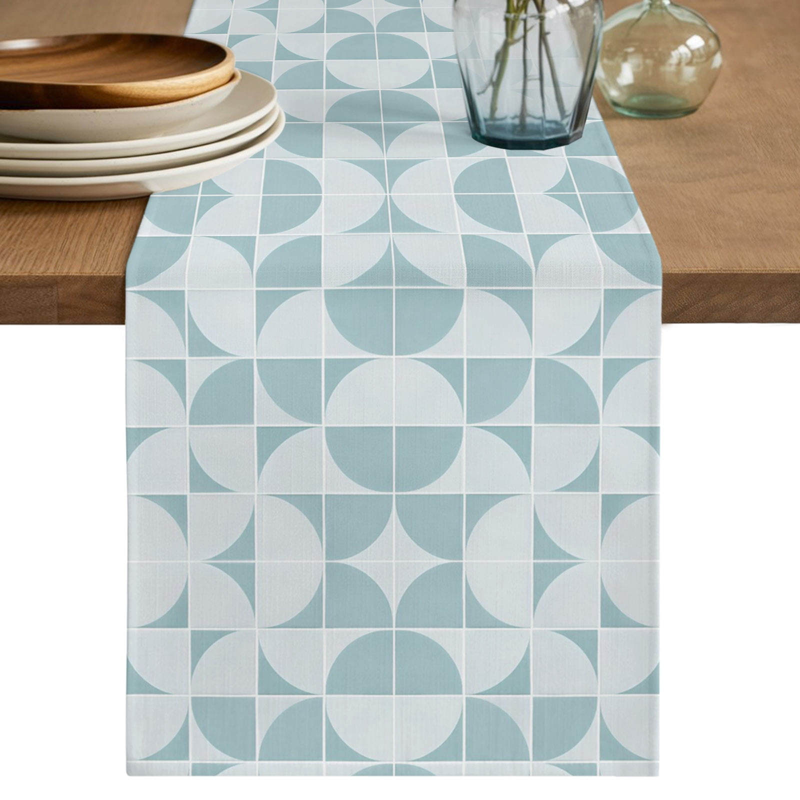Holiday Kitchen Signs Teal Geometric Table Runner, Modern Minimalist Art Washable Table ...