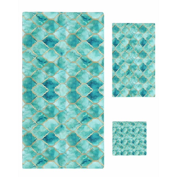 Teal Geometric Towel Set of 3, Soft Microfiber Bath Towels, Hand Towel, Washcloths, Modern Morocco Abstract Art Quick-Dry Absorbent Towels for Bathroom Kitchen Hotel Beach Gym Spa