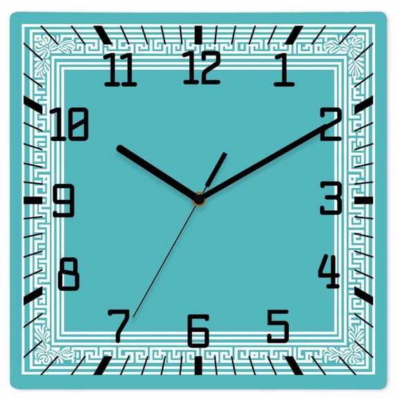 Teal Geometric Wooden Wall Clock Silent Non Ticking, White Greek Key Design Abstract Modern Art Square Wall Clocks Battery Operated, Decor Clock for Home Office, Living Room, Kitchen, 12 Inch