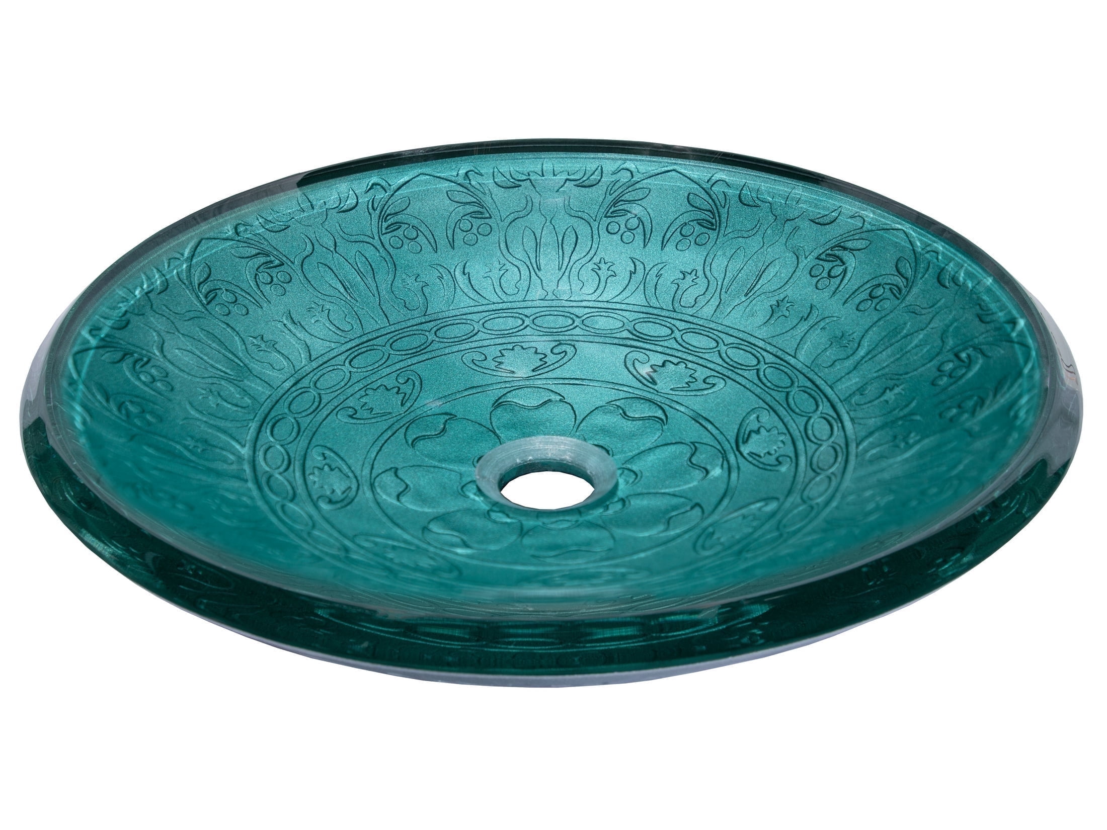 Teal Embossed Tempered Glass Circular Vessel Sink