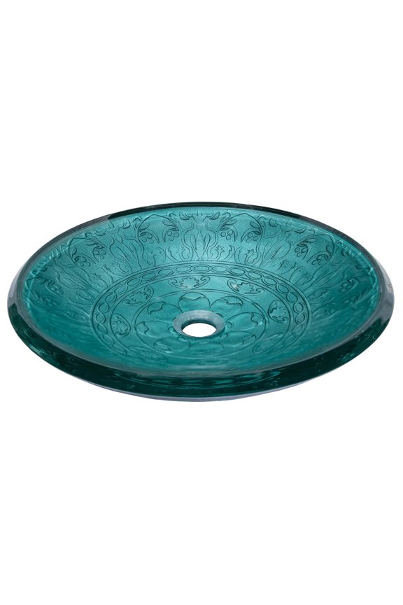 Teal Glass Vessel Sink With Embossed Pattern