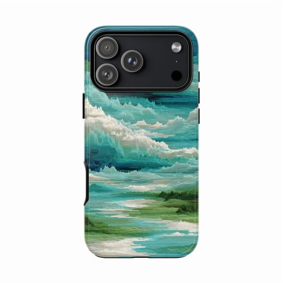 Teal Glitch White Wave Futuristic Landscape iPhone Case 17 16 15 14 13 12 11 Pro Max