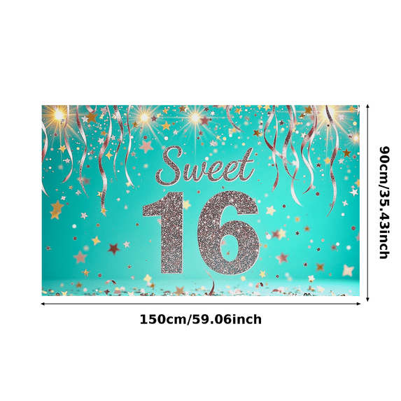 Teal Glittery Sweet 16 Backdrop Banner Party Decorations Background Photography Props for Sweet 16 Birthday Celebrations Party Supplies Decors
