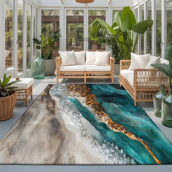 Teal Gold 9'x12' Large Area Rugs Brown Gradient Wave Abstract Marble Texture Washable Area Rugs Non-Slip Indoor Floor Mats Large Carpet for Living Room Bedroom Dining Room