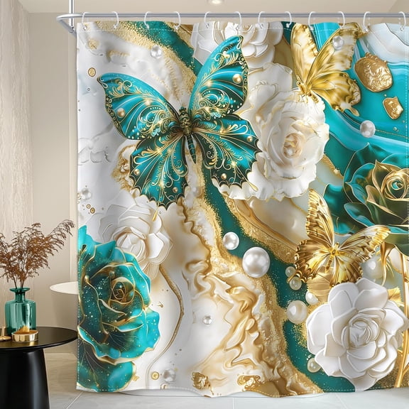 Teal and Gold Abstract Fluid Marble Shower Curtain Modern Pretty Butterfly Rose Floral Pearl Aesthetic Elegant Luxury Ink Waterproof Polyester Fabric Bathroom Bathtub-36"W x 72"L (Pack of 1)