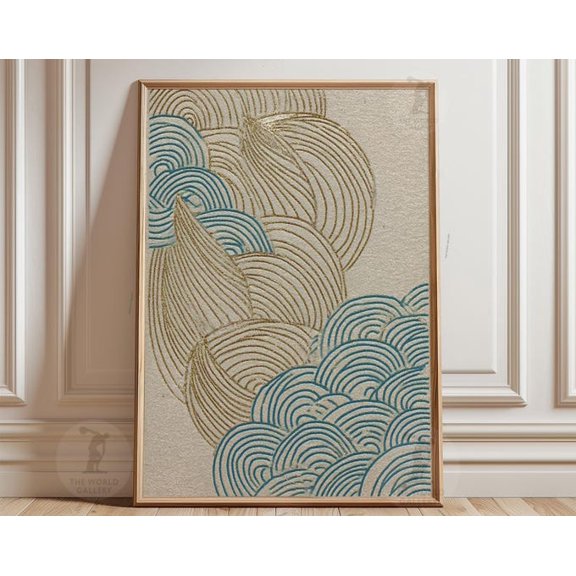 Teal Gold Abstract Japanese Leaf Pattern Wall Art Print, Unframed Paper Poster 8x10in