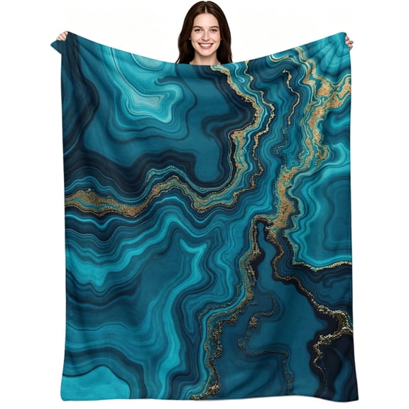 Teal Gold Agate Marble Print, Premium Flannel Fleece, Modern Elegant Style, Warm Throw Blanket, Serene Relaxing Comfort, Home Decor Accent, Couch Bed Sofa Rest