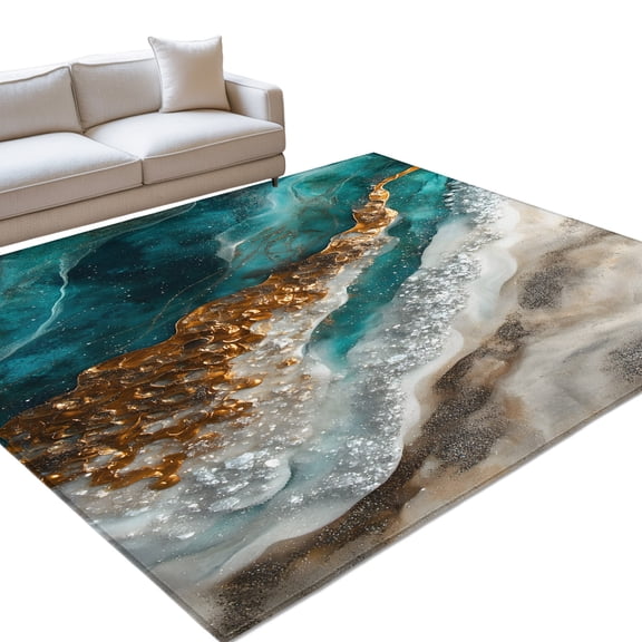 Teal Gold Area Rugs 6x9ft Brown Gradient Wave Abstract Marble Texture Floor Rug Non Slip Low Pile Ultra Soft Throw Carpet for Entryway Indoor Entrance Kitchen Bathroom
