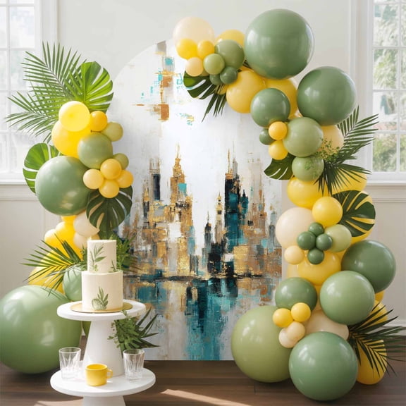 Teal Gold Blocks Arch Backdrop Cover, 4FT, Modern Abstract Oil Painting Buildings Spandex Arch Covers Double-Sided Backdrop for Wedding Birthday Party Photo Background Decoration