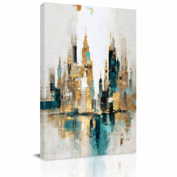 Teal Gold Blocks Canvas Wall Art for Living Room, Modern Abstract Oil Painting Buildings Wall Decor Framed Artwork Pictures Ready to Hang for Bedroom Office Home Decor
