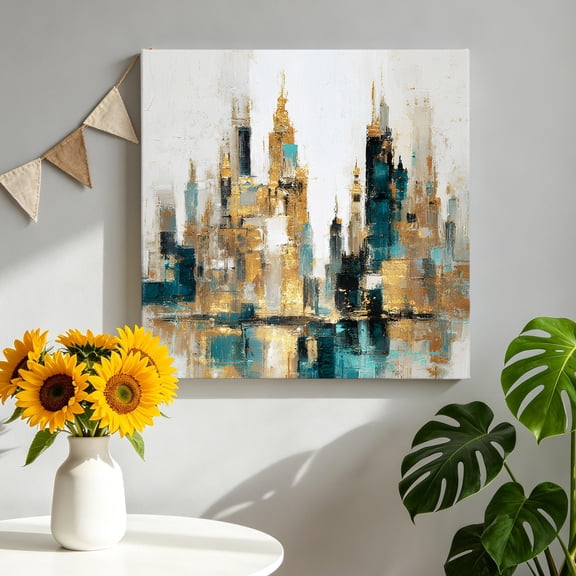 Teal Gold Blocks Canvas Wall Art, Modern Abstract Oil Painting Buildings Pictures Wall Decor Wooden Framed Artwork Art Prints for Living Room Hallway Bedroom Office 8"x8"
