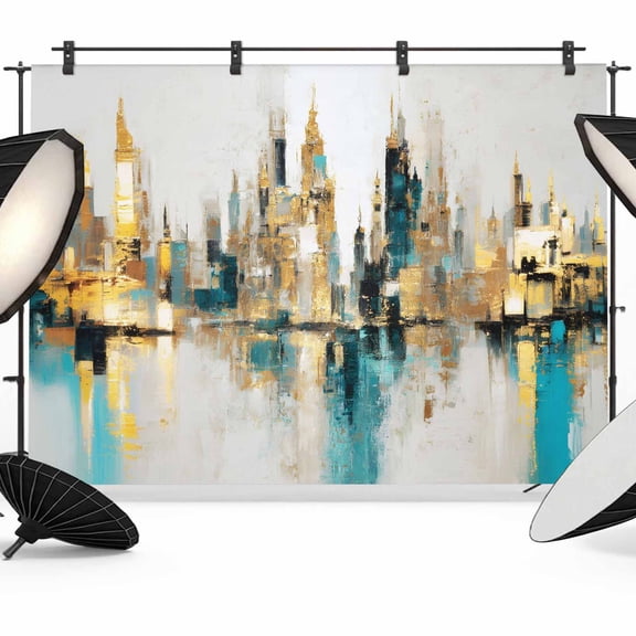 Teal Gold Blocks Photography Backdrop 7x5FT, Modern Abstract Oil Painting Buildings Photo Backdrops, Background for Photography Studio Photo Studio Background, Back Drop for Photoshoot