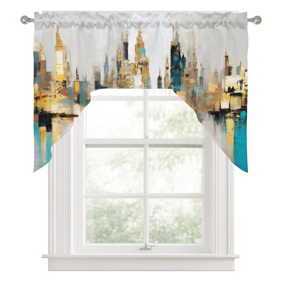 Teal Gold Blocks Swag Valance for Windows, Modern Abstract Oil Painting Buildings Swag Curtains Valances for Small Window Treatment Rod Pocket for Kitchen Bathroom 1 Panel 56x36in