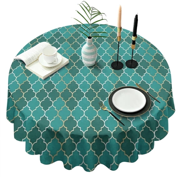 Teal Gold Checkerboard Checkered Pattern Round Tablecloth 60"x60",Wrinkle Wipeable Table Cloth for Kitchen Dining Room Picnic Patio Party