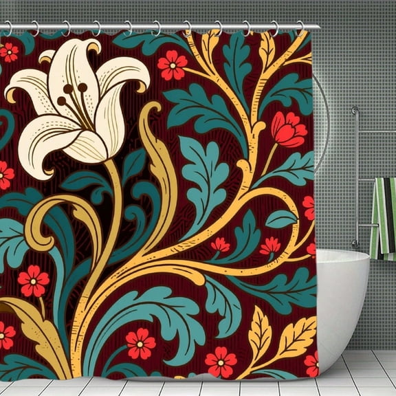 Teal Gold Colored Flowers Pattern Print Shower Curtain,Modern Fabric Waterproof Shower Curtain Set with Hooks 70.8×70.8Inch (180×180cm)
