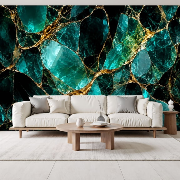 Teal Gold Crystal Abstract Geometric Design Elegant Peel and Stick Wall Murals 69"H x 96"W Removable PVC Wallpaper Self-Adhesive Wall Paintings for Bedroom Living Room