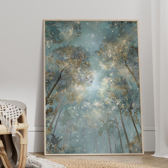 Teal Gold Enchanted Forest Celestial Wall Art Print