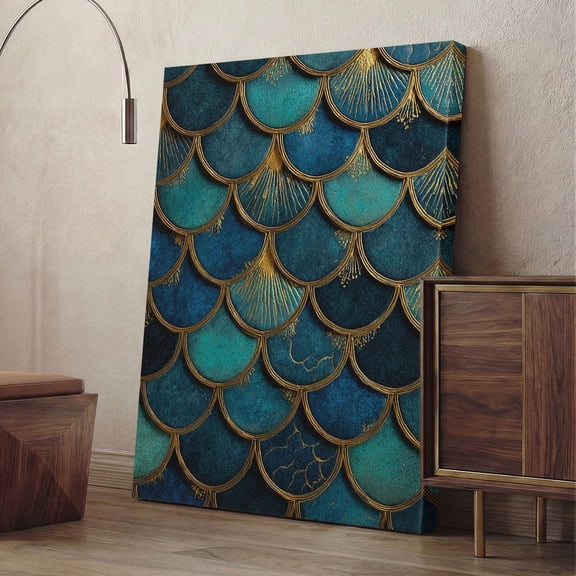Teal Gold Fish Scale Poster, Unframed Canvas 8x10in