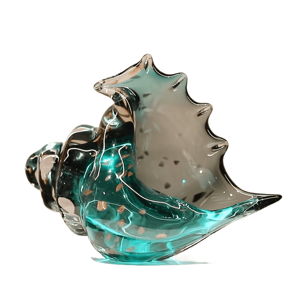 Hand Blown Glass Conch Shell Figurine Nautical Spiral Seashell Teal Gold Fleck